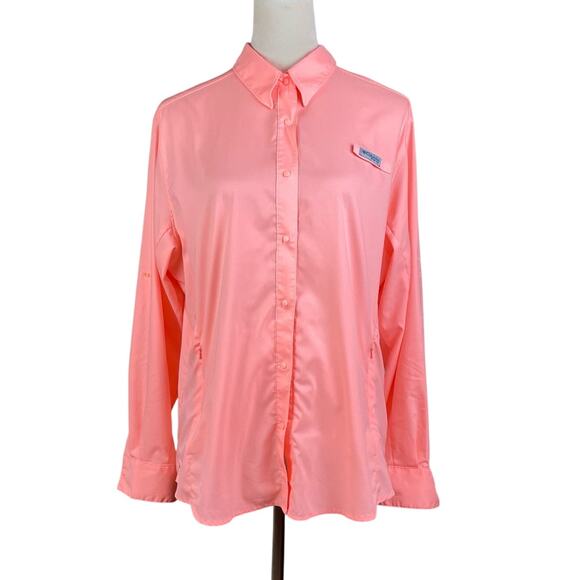 Columbia Neon Orange Long Sleeve Vent Back Collar Button Up Fishing Shirt Pocket - Picture 1 of 13